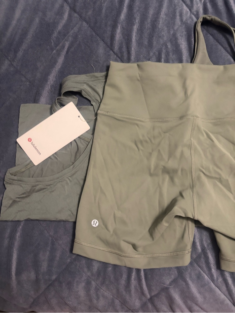 lululemon athletica Sage Green High-Rise Bike Shorts, sports bra and tank